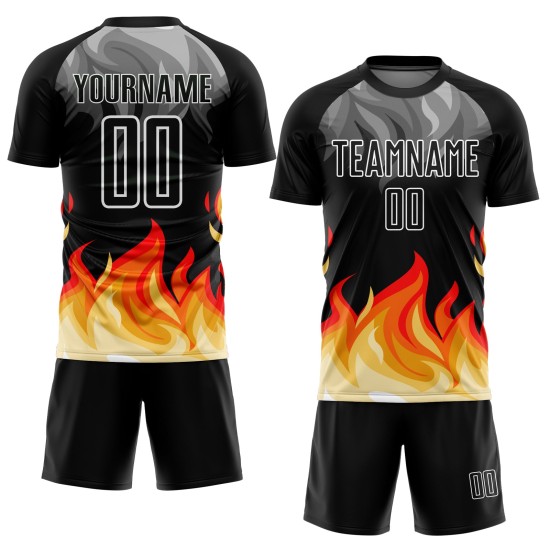 Red-Gold Gray Flame Custom Jersey Uniform Sublimation Black Soccer Red-Gold Gray Flame Custom Jersey Uniform Sublimation Black Soccer