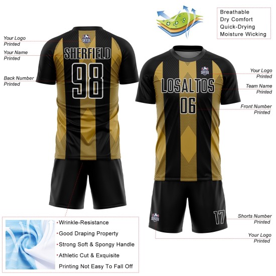 Soccer Old Black Sublimation Jersey Line Custom Gold-White Uniform Soccer Old Black Sublimation Jersey Line Custom Gold-White Uniform