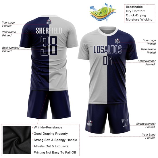 Sublimation Soccer Custom Fashion Navy-White Jersey Split Gray Uniform Sublimation Soccer Custom Fashion Navy-White Jersey Split Gray Uniform