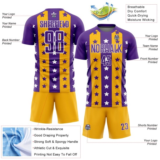 Purple Soccer Stripes Stars Uniform Gold-White Custom Jersey And Sublimation Purple Soccer Stripes Stars Uniform Gold-White Custom Jersey And Sublimation