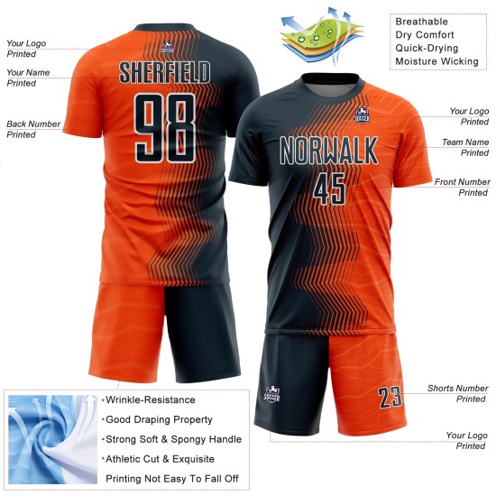 Custom Gradient Arrow Jersey Soccer Orange Sublimation Navy-White Uniform Custom Gradient Arrow Jersey Soccer Orange Sublimation Navy-White Uniform