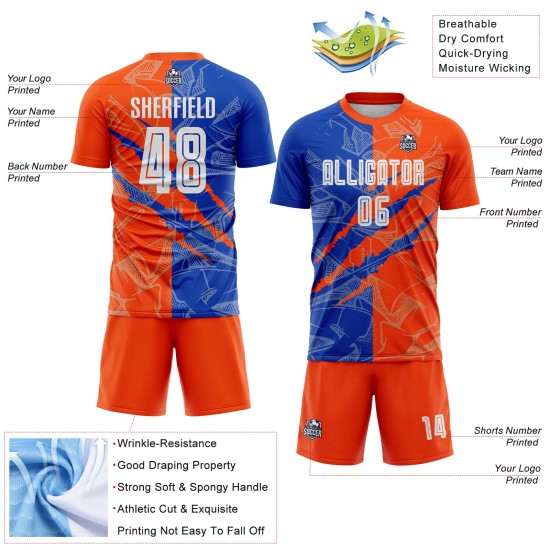 Sublimation Jersey Uniform Graffiti Thunder Custom Soccer Scratch Pattern Blue-Orange Sublimation Jersey Uniform Graffiti Thunder Custom Soccer Scratch Pattern Blue-Orange