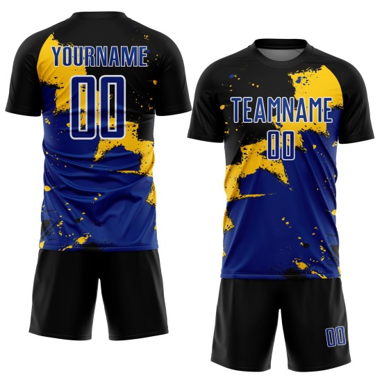 Soccer Custom Royal-Yellow Uniform Black Jersey Spalsh Sublimation Soccer Custom Royal-Yellow Uniform Black Jersey Spalsh Sublimation