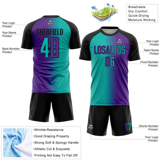 Uniform Purple Gradient Custom Soccer Aqua-Black Sublimation Jersey Fashion Uniform Purple Gradient Custom Soccer Aqua-Black Sublimation Jersey Fashion