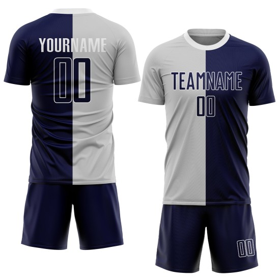 Sublimation Soccer Custom Fashion Navy-White Jersey Split Gray Uniform Sublimation Soccer Custom Fashion Navy-White Jersey Split Gray Uniform