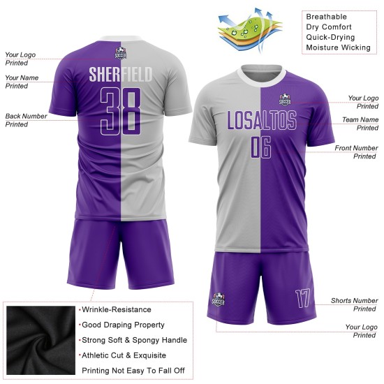 Custom Gray Split Purple-White Sublimation Soccer Jersey Fashion Uniform