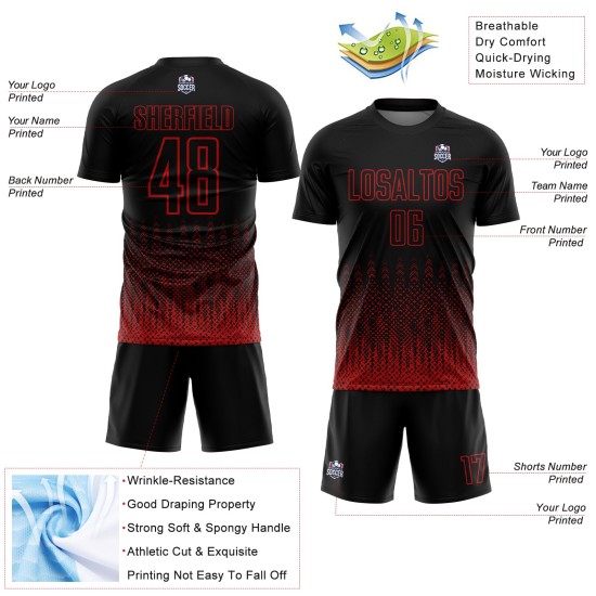 Sublimation Soccer Custom Jersey Red Shape Geometric Black Uniform Sublimation Soccer Custom Jersey Red Shape Geometric Black Uniform