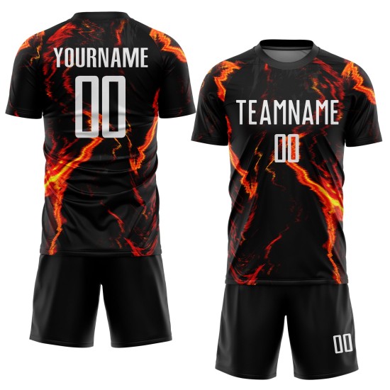 Sublimation Custom Uniform Flame Soccer White-Gold Black Jersey Sublimation Custom Uniform Flame Soccer White-Gold Black Jersey