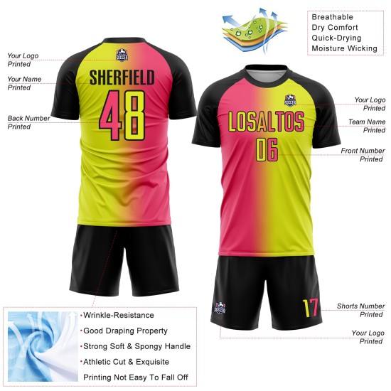 Fashion Gradient Yellow Pink-Black Soccer Jersey Custom Neon Sublimation Uniform Neon Fashion Gradient Yellow Pink-Black Soccer Jersey Custom Neon Sublimation Uniform Neon