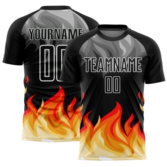 Red-Gold Gray Flame Custom Jersey Uniform Sublimation Black Soccer Red-Gold Gray Flame Custom Jersey Uniform Sublimation Black Soccer