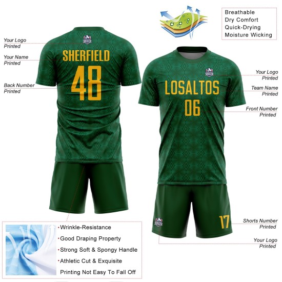 Green Jersey Geometric Gold-Kelly Shapes Sublimation Soccer Green Uniform Custom Green Jersey Geometric Gold-Kelly Shapes Sublimation Soccer Green Uniform Custom