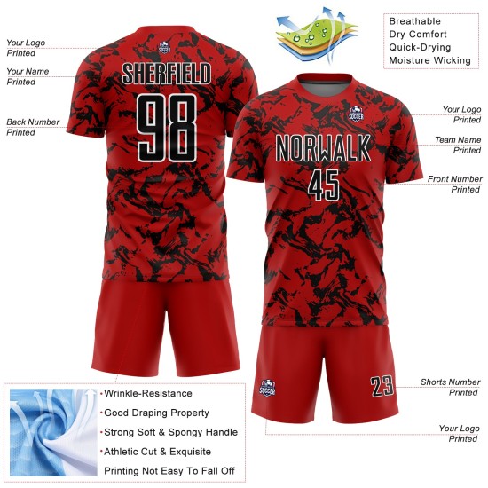 Abstract Sublimation Uniform Red Jersey Soccer Custom Black-White Fluid Abstract Sublimation Uniform Red Jersey Soccer Custom Black-White Fluid