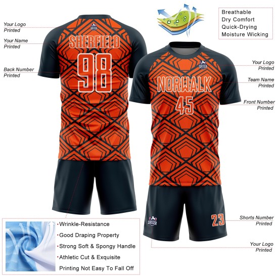 Uniform Pattern Custom Orange Geometric Soccer Jersey Sublimation Navy-White Uniform Pattern Custom Orange Geometric Soccer Jersey Sublimation Navy-White