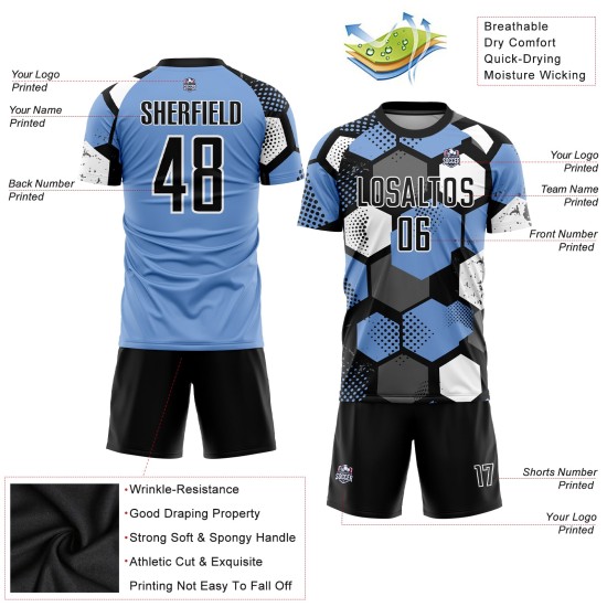 Custom Sublimation Uniform Black-White Blue Soccer Jersey Light Custom Sublimation Uniform Black-White Blue Soccer Jersey Light