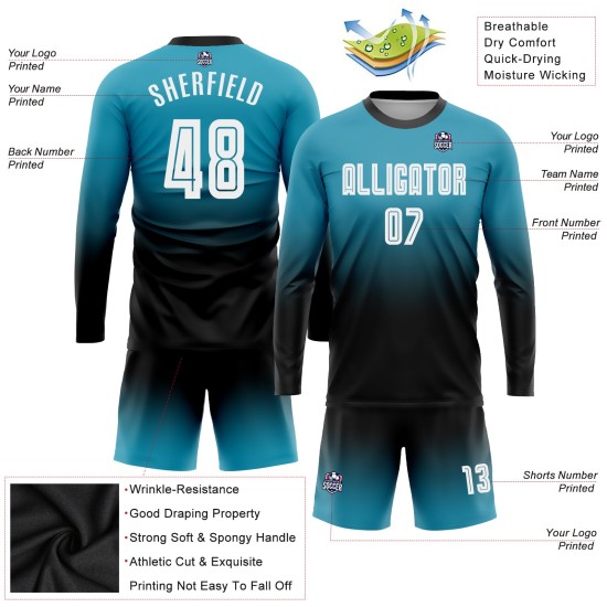 Jersey Sublimation Fashion White-Black Long Soccer Custom Uniform Fade Sleeve Panther Blue Jersey Sublimation Fashion White-Black Long Soccer Custom Uniform Fade Sleeve Panther Blue
