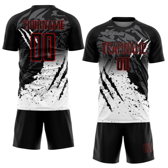 Splash Sublimation Black Uniform Custom White-Red Scratch Soccer Jersey Gradient Splash Sublimation Black Uniform Custom White-Red Scratch Soccer Jersey Gradient