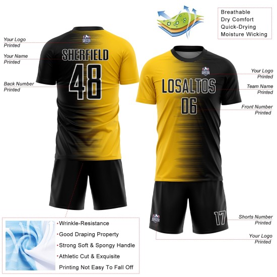 Soccer Uniform Sublimation Custom Black Gradient Line Yellow-White Jersey Soccer Uniform Sublimation Custom Black Gradient Line Yellow-White Jersey
