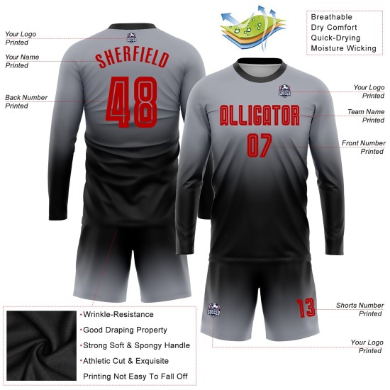 Soccer Jersey Long Gray Fade Custom Red-Black Fashion Sleeve Uniform Sublimation Soccer Jersey Long Gray Fade Custom Red-Black Fashion Sleeve Uniform Sublimation