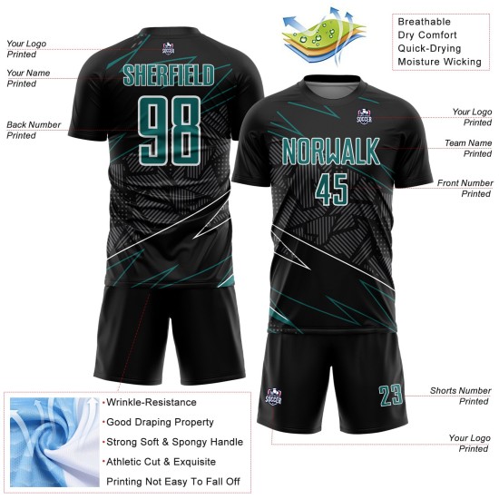 Lines Teal-White Black Sublimation Soccer Custom Jersey Uniform Sports