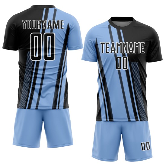 Lines Blue Light Soccer Sublimation Black-White Jersey Custom Uniform Lines Blue Light Soccer Sublimation Black-White Jersey Custom Uniform