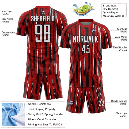 Custom White-Black Red Sublimation Pinstripe Soccer Uniform Jersey Custom White-Black Red Sublimation Pinstripe Soccer Uniform Jersey