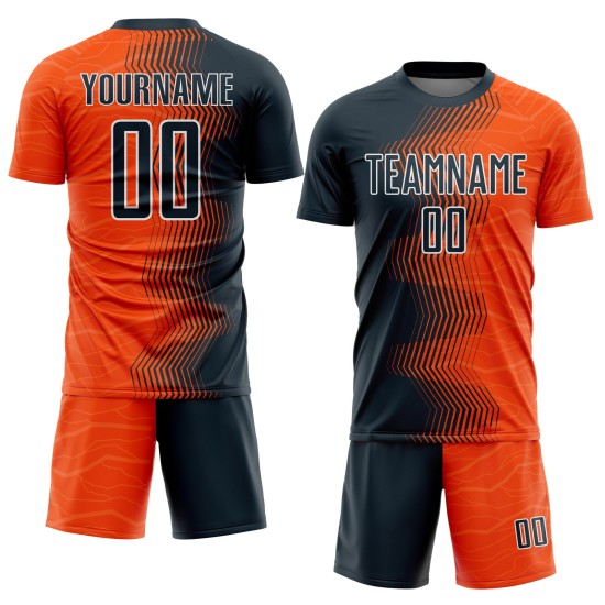 Custom Gradient Arrow Jersey Soccer Orange Sublimation Navy-White Uniform Custom Gradient Arrow Jersey Soccer Orange Sublimation Navy-White Uniform
