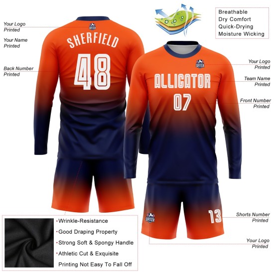 Long Sleeve Fashion Custom Sublimation Soccer Fade Uniform Orange Jersey White-Navy Long Sleeve Fashion Custom Sublimation Soccer Fade Uniform Orange Jersey White-Navy