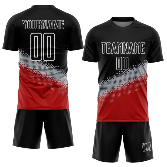 Custom Jersey Gray-Red Soccer Black Gradient Shape Sublimation Uniform Geometric Custom Jersey Gray-Red Soccer Black Gradient Shape Sublimation Uniform Geometric