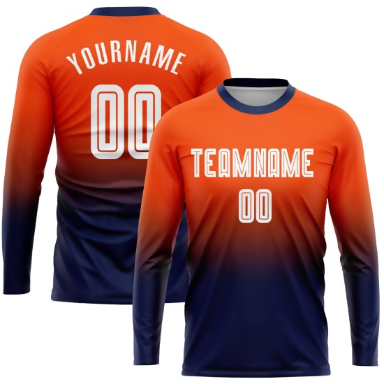 Long Sleeve Fashion Custom Sublimation Soccer Fade Uniform Orange Jersey White-Navy Long Sleeve Fashion Custom Sublimation Soccer Fade Uniform Orange Jersey White-Navy