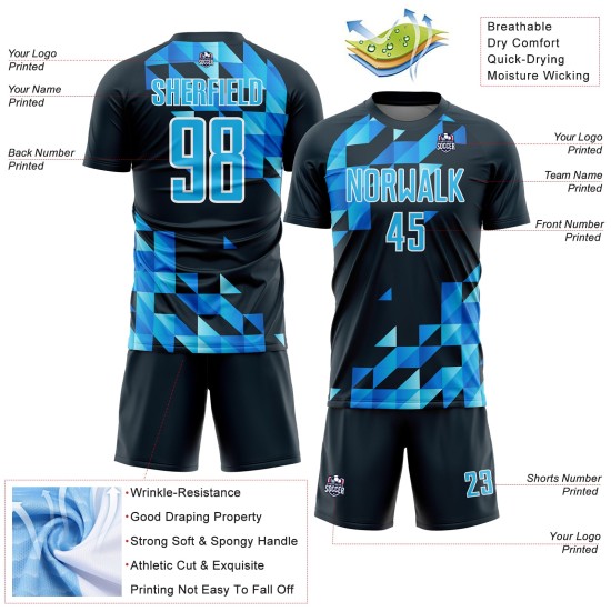 Uniform Shapes Sublimation Geometric Soccer Custom Blue-White Sky Jersey Navy Uniform Shapes Sublimation Geometric Soccer Custom Blue-White Sky Jersey Navy