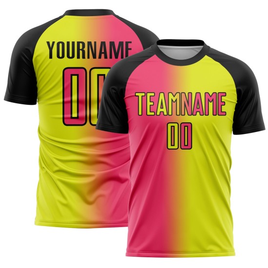 Fashion Gradient Yellow Pink-Black Soccer Jersey Custom Neon Sublimation Uniform Neon Fashion Gradient Yellow Pink-Black Soccer Jersey Custom Neon Sublimation Uniform Neon