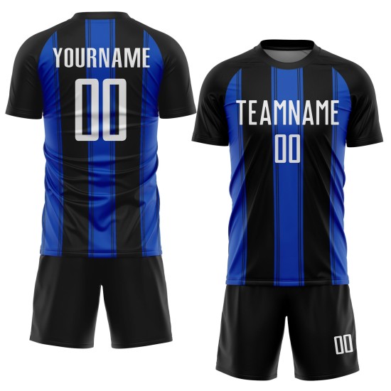 Custom Black Sublimation Uniform Jersey Line White-Thunder Blue Soccer Custom Black Sublimation Uniform Jersey Line White-Thunder Blue Soccer