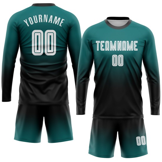 White-Black Sublimation Uniform Fade Soccer Teal Sleeve Custom Fashion Long Jersey White-Black Sublimation Uniform Fade Soccer Teal Sleeve Custom Fashion Long Jersey