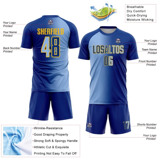 Light Blue-Gold Sublimation Jersey Royal Custom Soccer Uniform Gradient Fashion