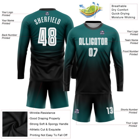 White-Black Sublimation Uniform Fade Soccer Teal Sleeve Custom Fashion Long Jersey White-Black Sublimation Uniform Fade Soccer Teal Sleeve Custom Fashion Long Jersey