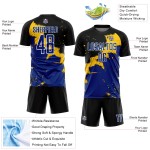 Soccer Custom Royal-Yellow Uniform Black Jersey Spalsh Sublimation Soccer Custom Royal-Yellow Uniform Black Jersey Spalsh Sublimation