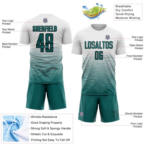 Custom Gradient Uniform Line Soccer White Sublimation Jersey Teal-Black Custom Gradient Uniform Line Soccer White Sublimation Jersey Teal-Black
