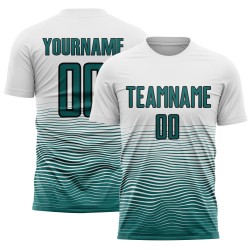 Custom Gradient Uniform Line Soccer White Sublimation Jersey Teal-Black