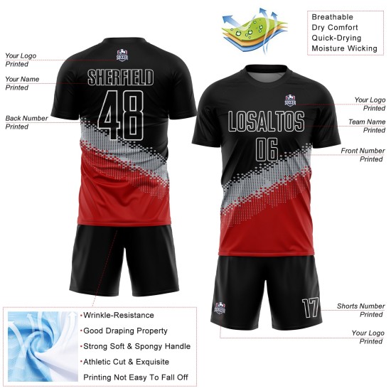 Custom Jersey Gray-Red Soccer Black Gradient Shape Sublimation Uniform Geometric Custom Jersey Gray-Red Soccer Black Gradient Shape Sublimation Uniform Geometric