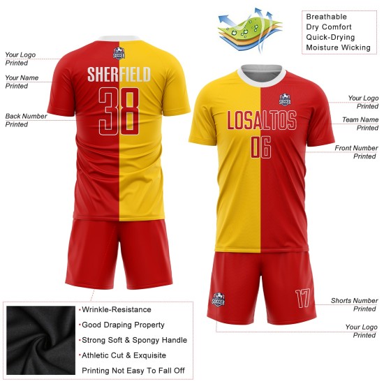 Gold Custom Jersey Soccer Sublimation Fashion Red-White Split Uniform Gold Custom Jersey Soccer Sublimation Fashion Red-White Split Uniform