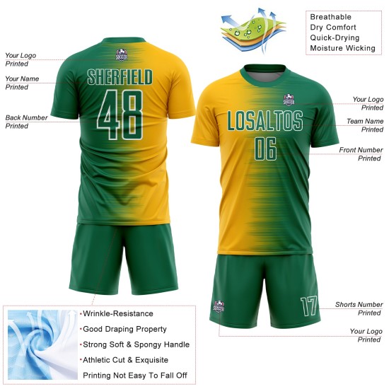 Green Kelly Line Sublimation Custom Soccer Gold-White Jersey Gradient Uniform Green Kelly Line Sublimation Custom Soccer Gold-White Jersey Gradient Uniform