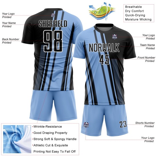 Lines Blue Light Soccer Sublimation Black-White Jersey Custom Uniform Lines Blue Light Soccer Sublimation Black-White Jersey Custom Uniform