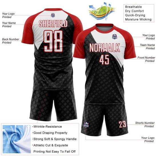Uniform Jersey Sublimation Custom Curve Lines White-Red Black Soccer Uniform Jersey Sublimation Custom Curve Lines White-Red Black Soccer