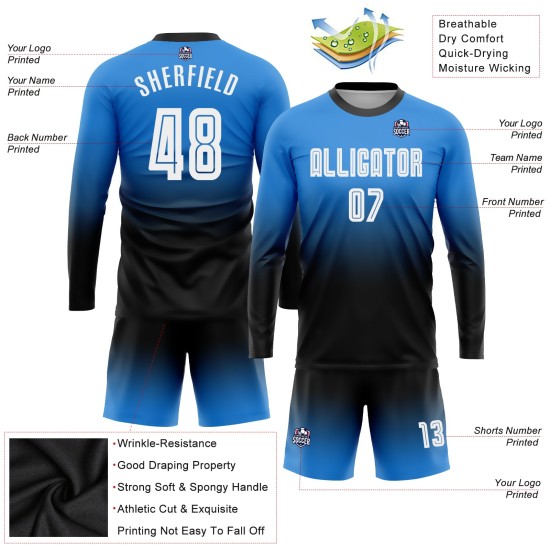 Fade Sublimation Soccer Sleeve Blue Uniform Long Jersey Fashion Custom White-Black Powder Fade Sublimation Soccer Sleeve Blue Uniform Long Jersey Fashion Custom White-Black Powder