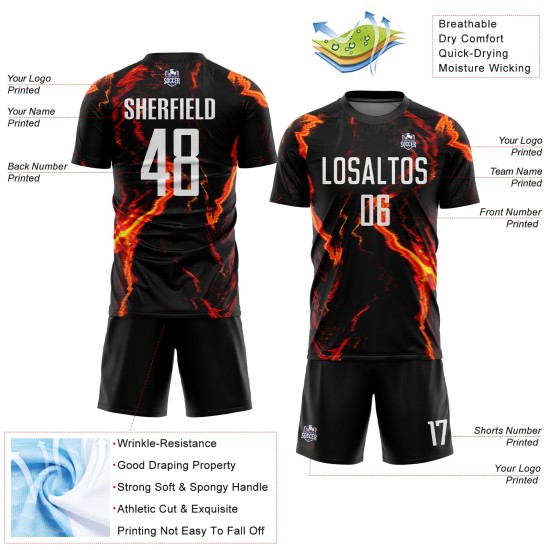 Sublimation Custom Uniform Flame Soccer White-Gold Black Jersey Sublimation Custom Uniform Flame Soccer White-Gold Black Jersey