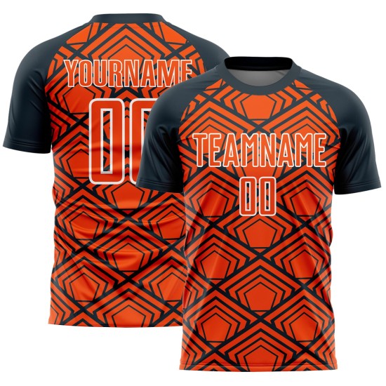 Uniform Pattern Custom Orange Geometric Soccer Jersey Sublimation Navy-White Uniform Pattern Custom Orange Geometric Soccer Jersey Sublimation Navy-White